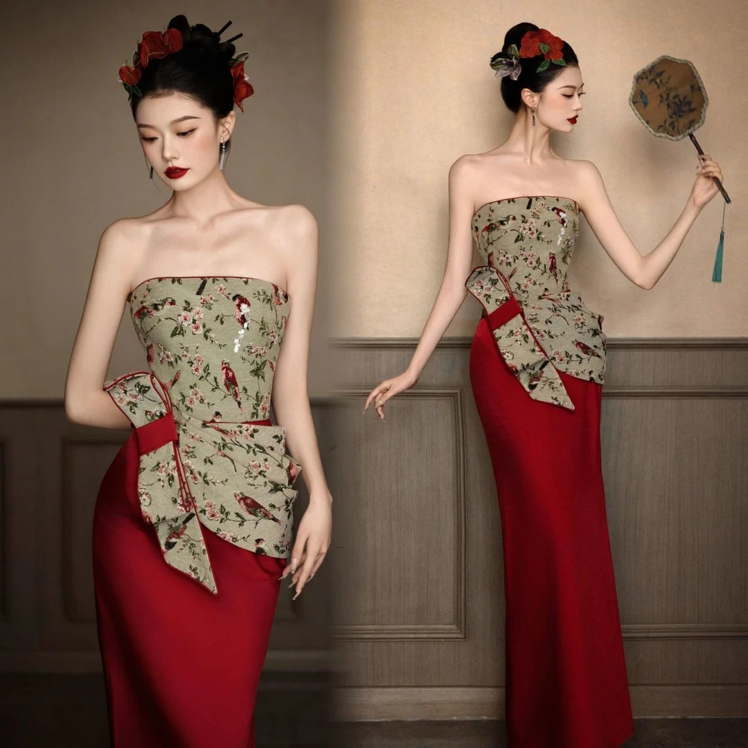 新中式晨袍抹胸新娘敬酒服复古提花订婚礼服女高端回门年会主持人