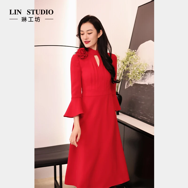 【醋酸】琳工坊衔花手工花红色连衣裙时尚气质复古春夏款唐琳设计师