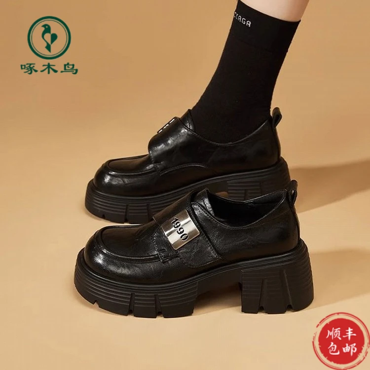 啄木鸟甜美乐福鞋女粘扣黑色深口高跟鞋百搭单鞋