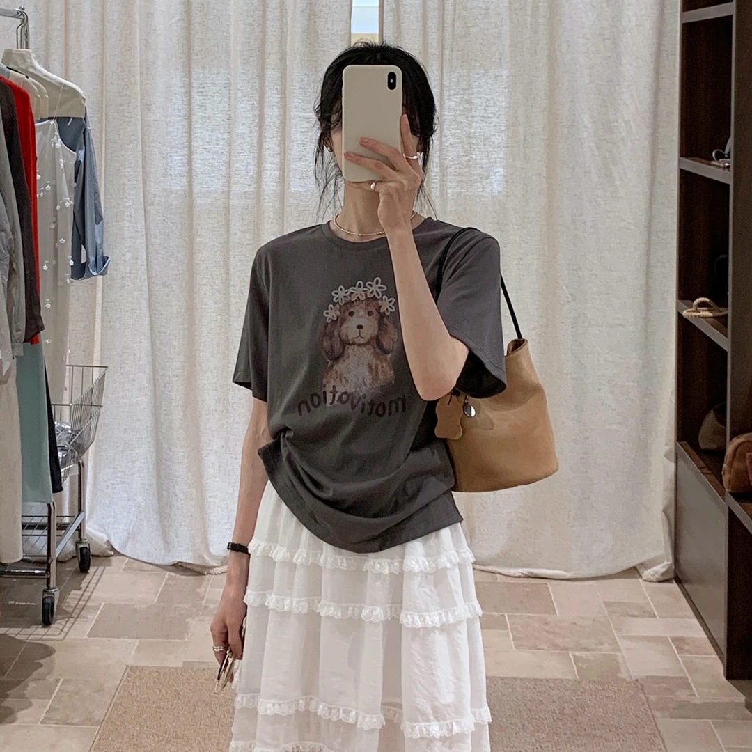 【卡通小狗印花T恤】女2025夏季新款韩系百搭休闲圆领百搭短袖上衣