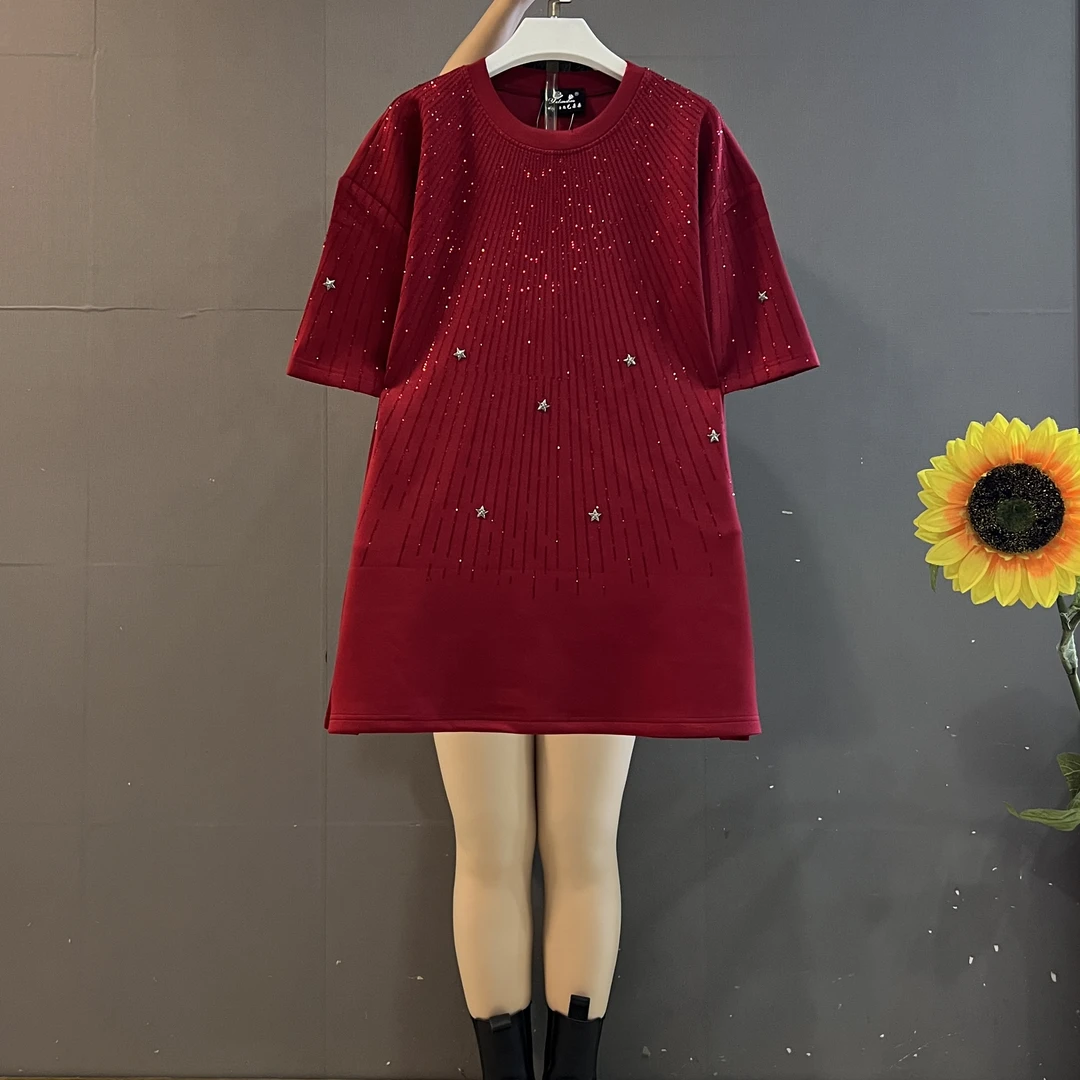 新款时尚重工烫钻圆领短袖宽松遮肉显瘦百搭T恤上衣