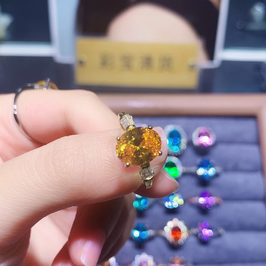 一***光戒指银S925镶嵌黄色碧玺