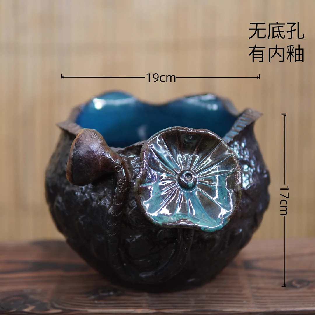 A666 无孔手工陶艺花盆复古水缸睡莲水仙铜钱草盆