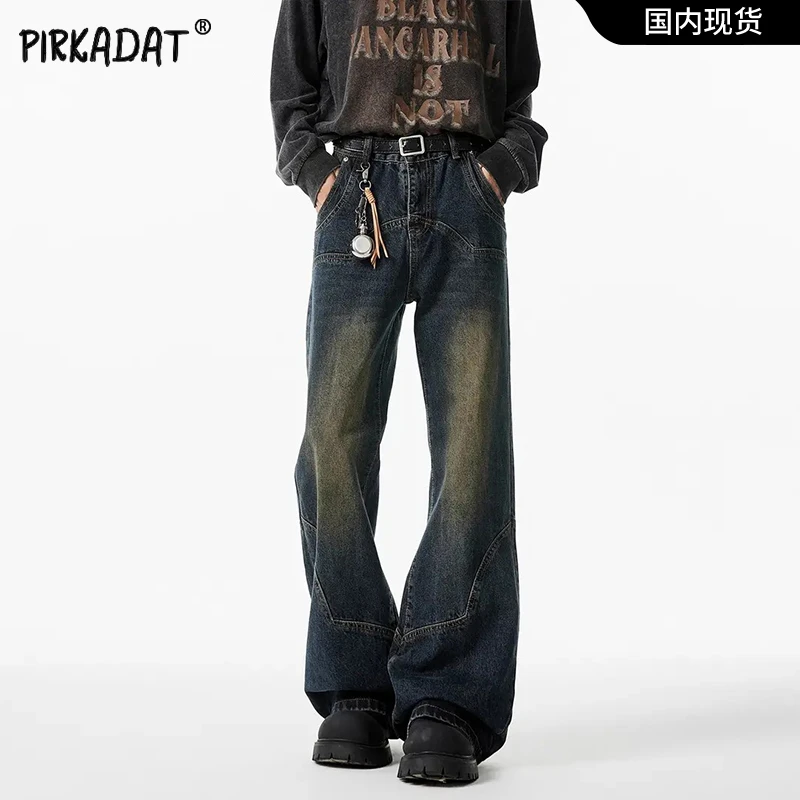 Pirkadat美式复古水洗男士牛仔裤宽松直筒裤弯刀微喇休闲长裤男款