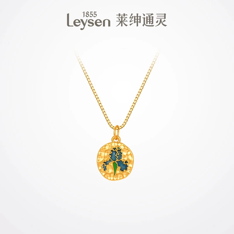 莱绅通灵足金珐琅鸢尾花吊坠 复古百搭黄金吊坠首饰女款 ART系列
