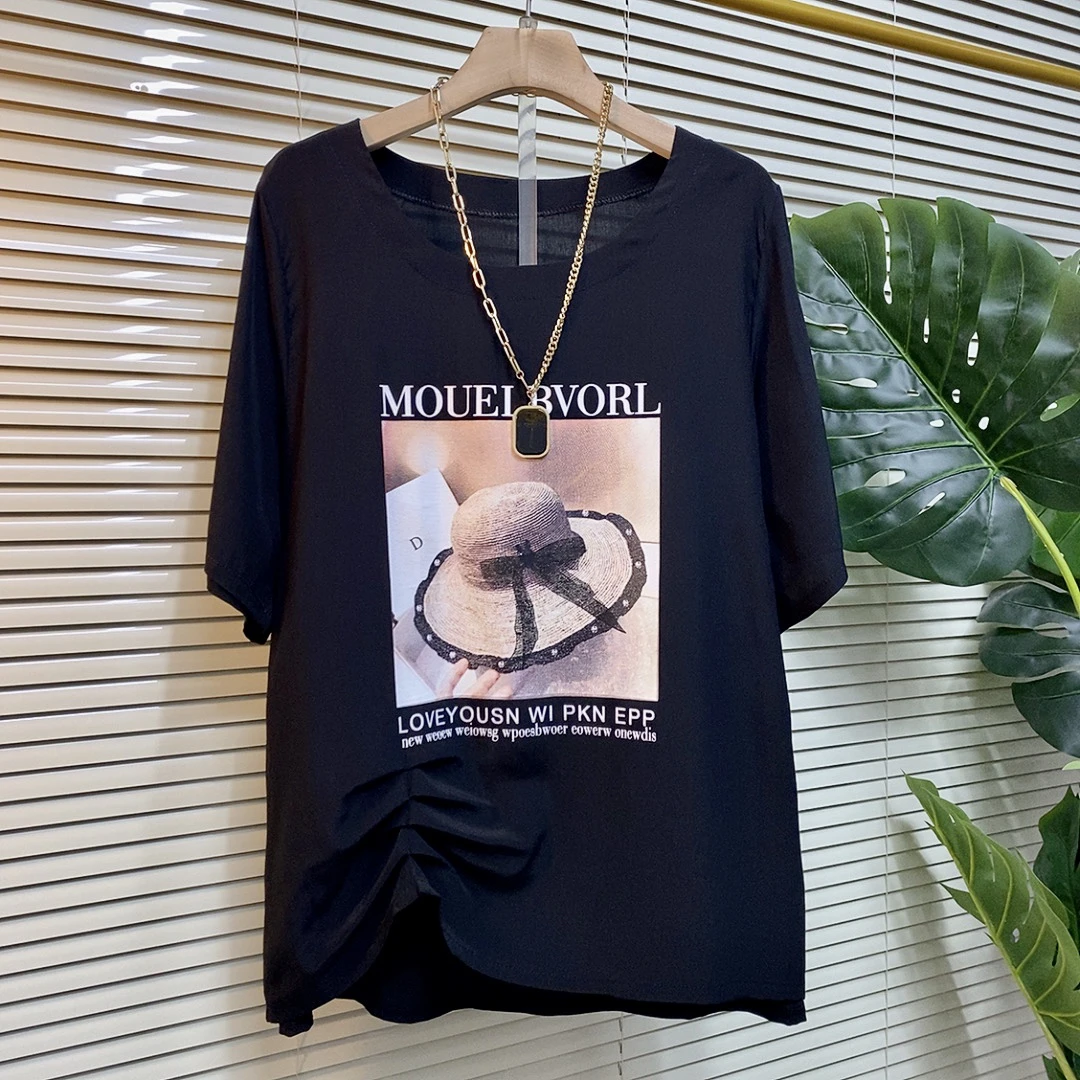 夏季新款大码女装时尚休闲百搭抽褶印花T恤