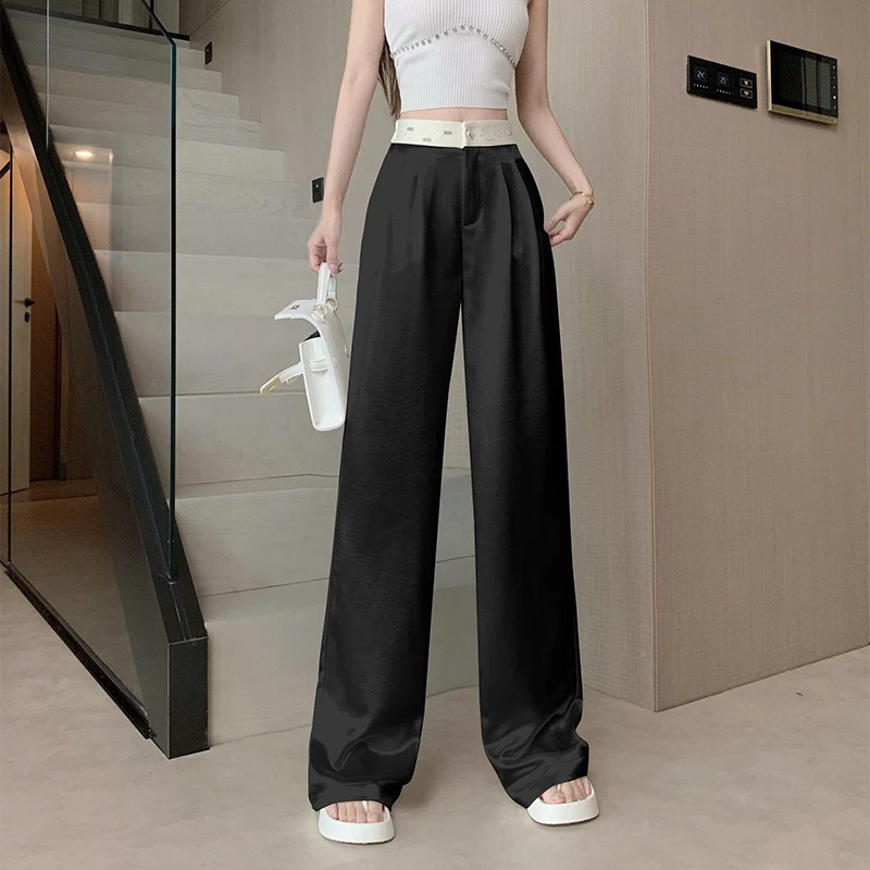 设计感醋酸缎面烫钻阔腿裤高腰显瘦垂感宽松休闲拖地裤女夏季