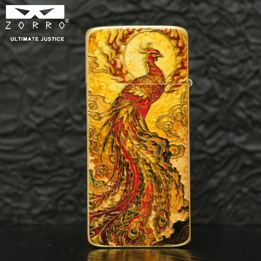 ZORRO佐罗3D立体鎏金彩绘龙凤呈祥超薄防风打火机【无油】