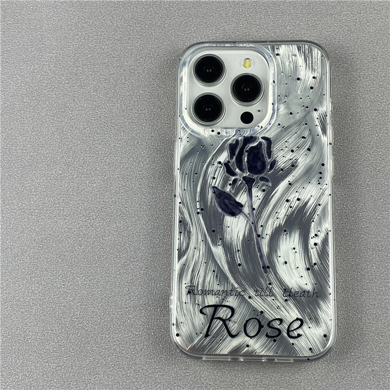 泼墨黑色玫瑰花适用于iphone15promax苹果13手机壳羽纱纹15双层