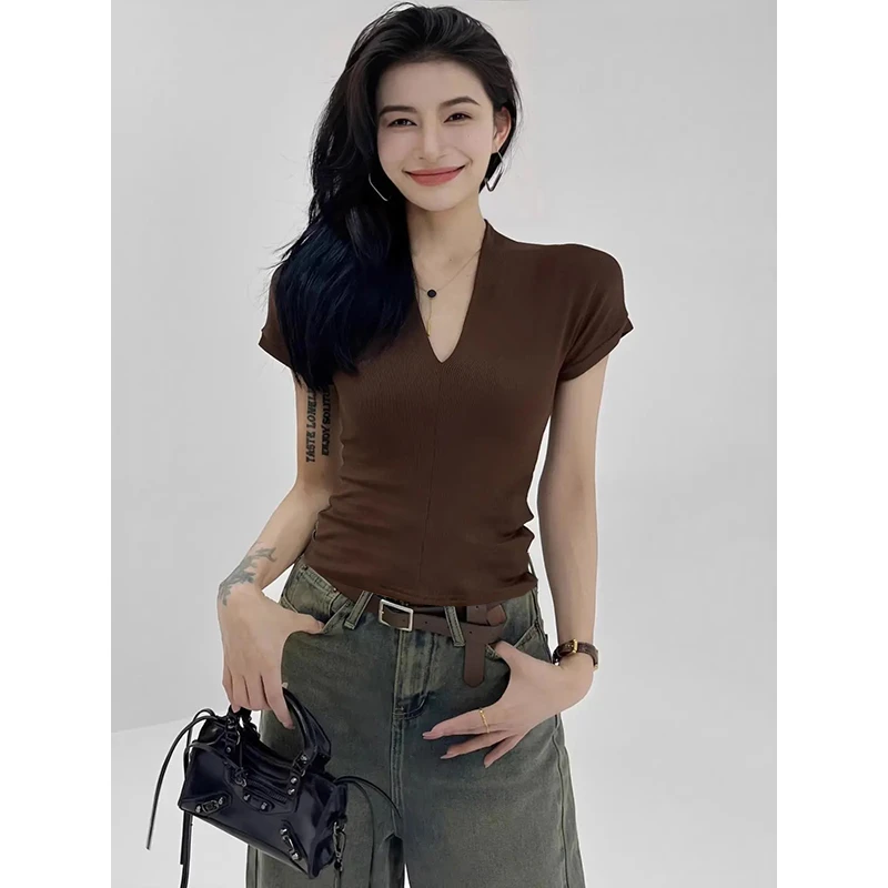 咖色纯色螺纹V领短袖弹力修身T恤女打底小众辣妹上衣百搭夏季新款