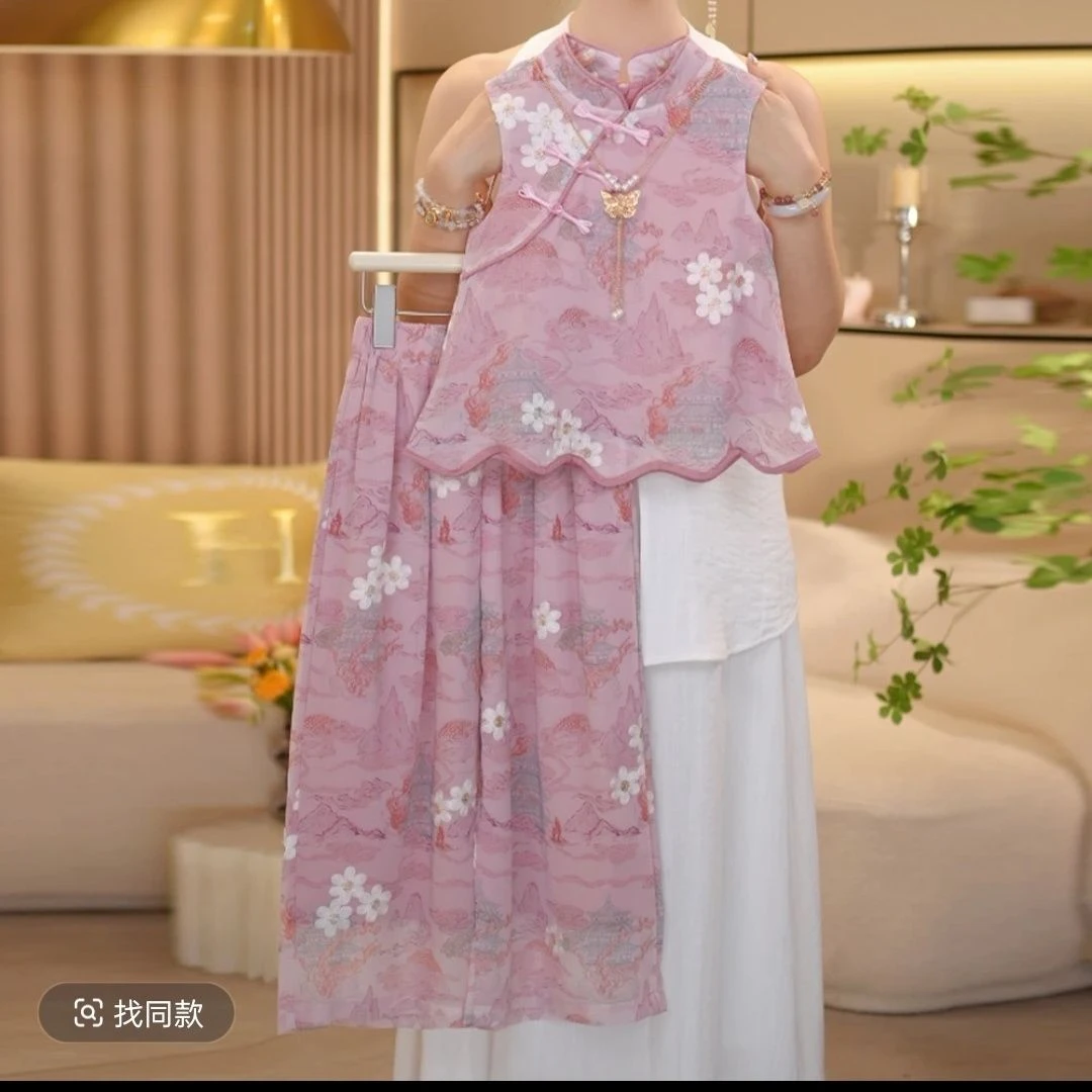 女童国风套装2025新款洋气无袖上衣外套儿童夏季中式两件套裙裤潮