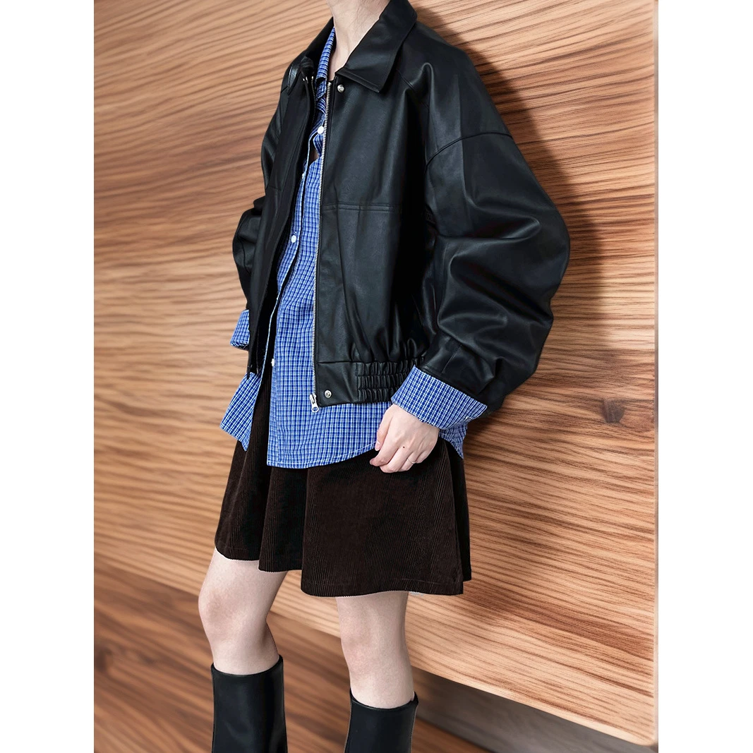 春秋黑色复古机车皮衣外套女2025洋气新款宽松短款港风皮夹克上衣