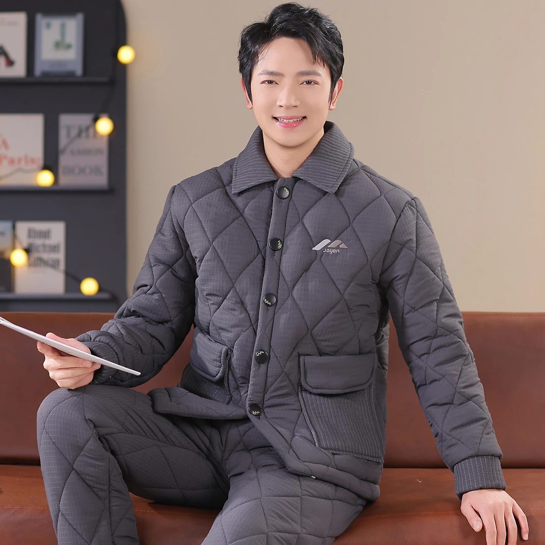 【特厚款】冬季新款睡衣男珊瑚绒三层夹棉加厚加绒家居服套装可外穿