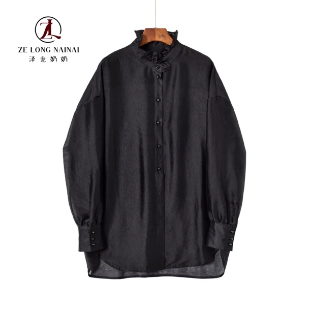 2503-1 新中式轻国风改良拉菲红立领花边衬衫长袖