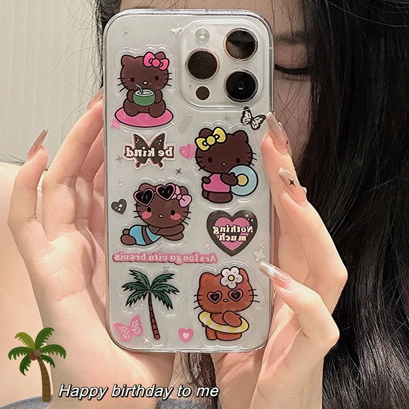 沙滩黑皮kt猫适用苹果16手机壳华为 小米滴胶软壳oppo vivo软壳女