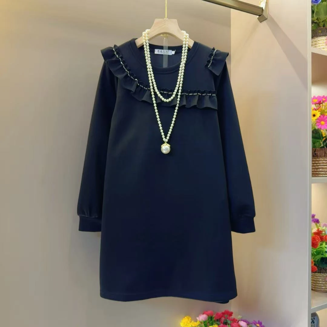 大版遮肉显瘦木耳边网红时尚钻条拼接连衣裙长袖裙长85左右