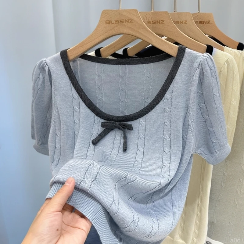 法式复古撞色蝴蝶结针织衫女2025夏季薄款小麻花开学季多巴胺爆款