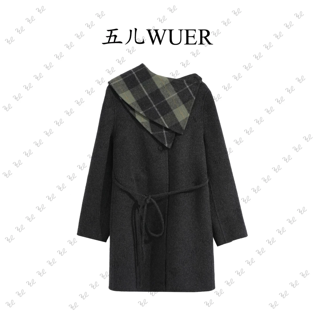 【五儿WUER】258096秋冬新款可拆卸中长款系带双面毛呢大衣外套女