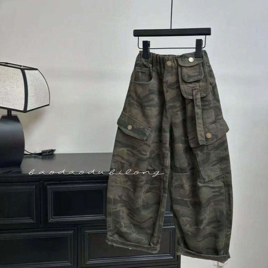 童装2025秋季新品工装裤男女童迷彩复古长裤中大童时尚潮流休闲裤