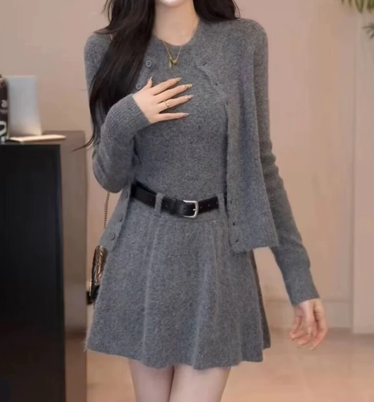 【北雁南飞】气质设计感洋气针织开衫+背心连衣裙两件套女装