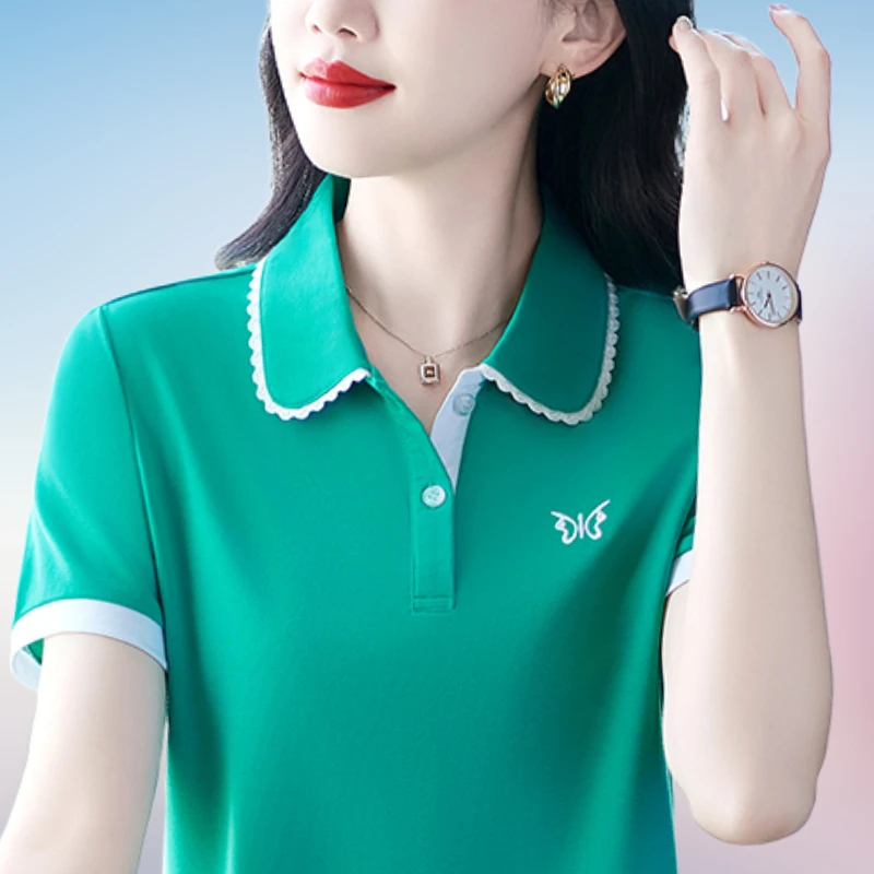 湖绿色今年流行冰丝妈妈短袖t恤女夏季宽松翻领显瘦polo衫运动OL