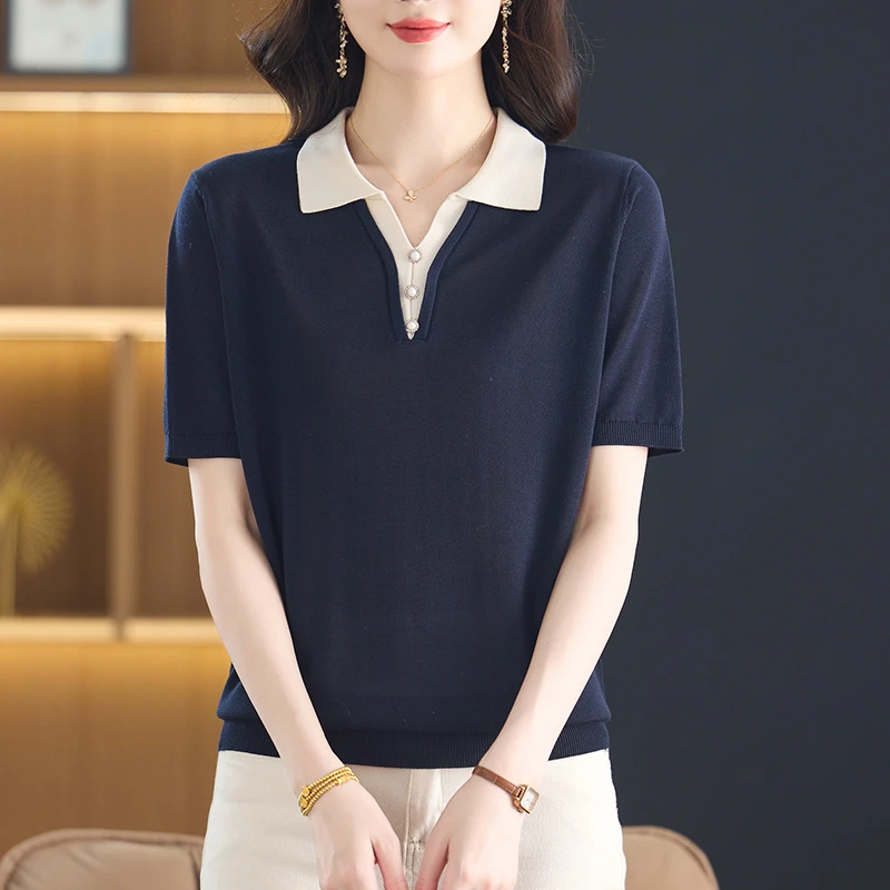 polo领短袖t恤女装夏季2025新款年轻妈妈夏装上衣翻领天丝针织衫