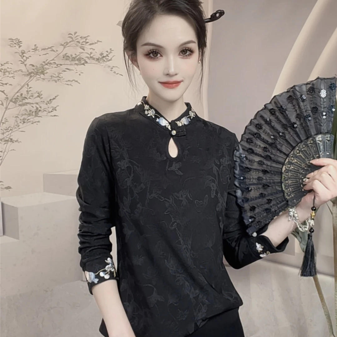 2025秋冬新款加绒打底衫设计感长袖上衣重工刺绣新中式中国风T恤