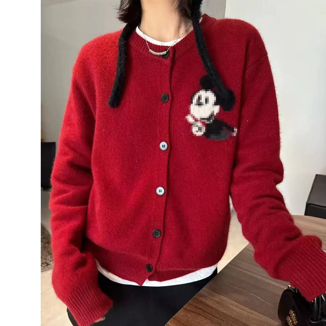 时尚厚款百搭针织毛衣保暖上衣宽松卡通刺绣秋冬开衫外套-869