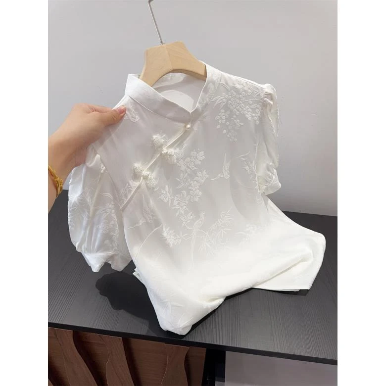 新中式国风缎面盘扣式白色提花衬衫