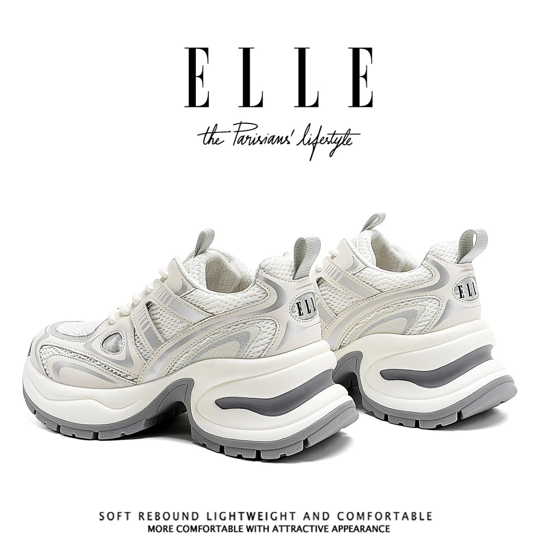ELLE厚底增高老爹鞋女户外旅游鞋子小个子网面透气拼色休闲运动鞋