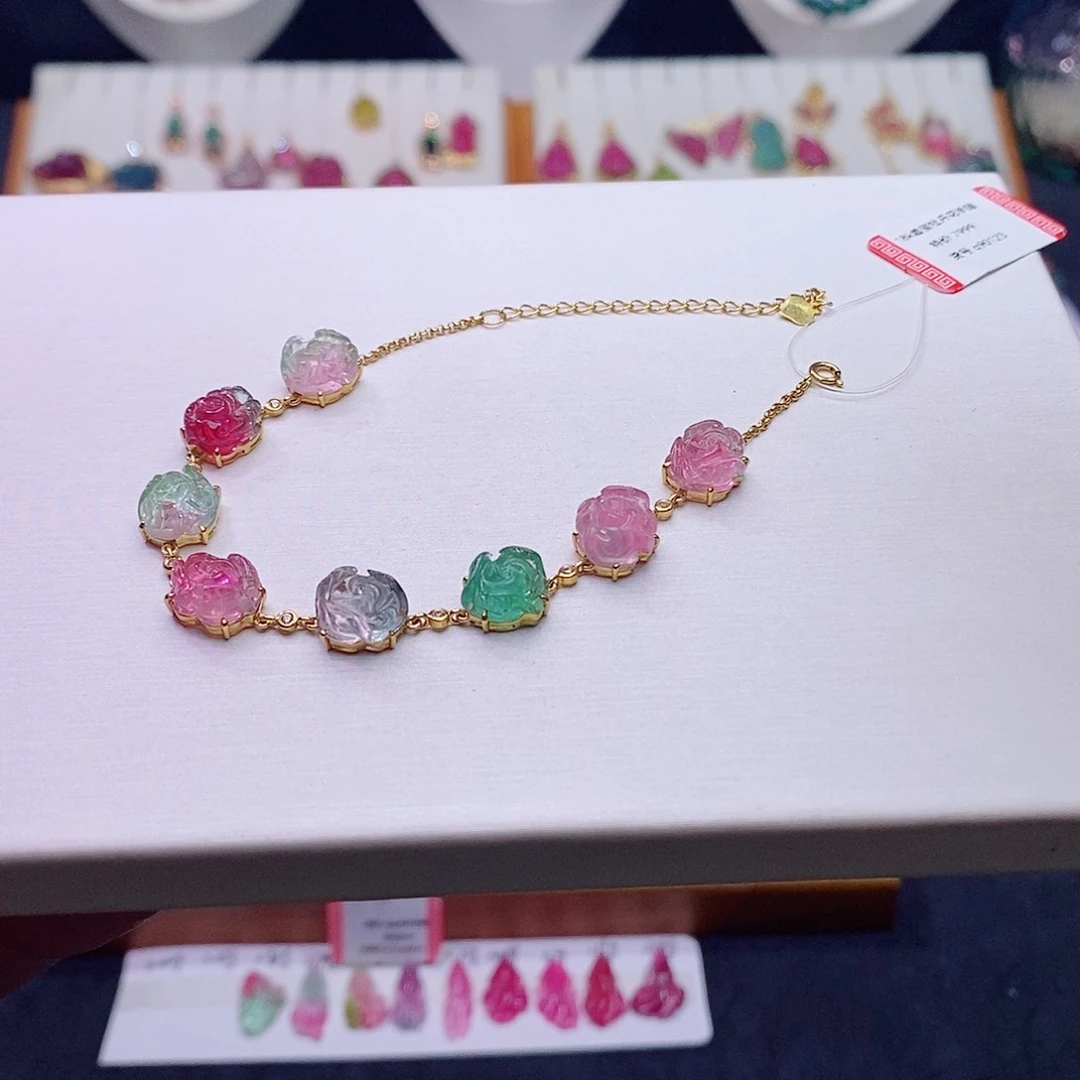 碧玺碧玺m18K金镶嵌牡丹花手链