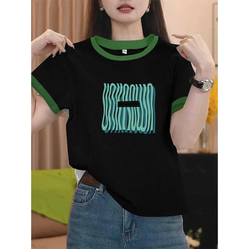 2025春夏季新款圆领拼色短袖t恤女潮时尚百搭高级设计感小众上衣