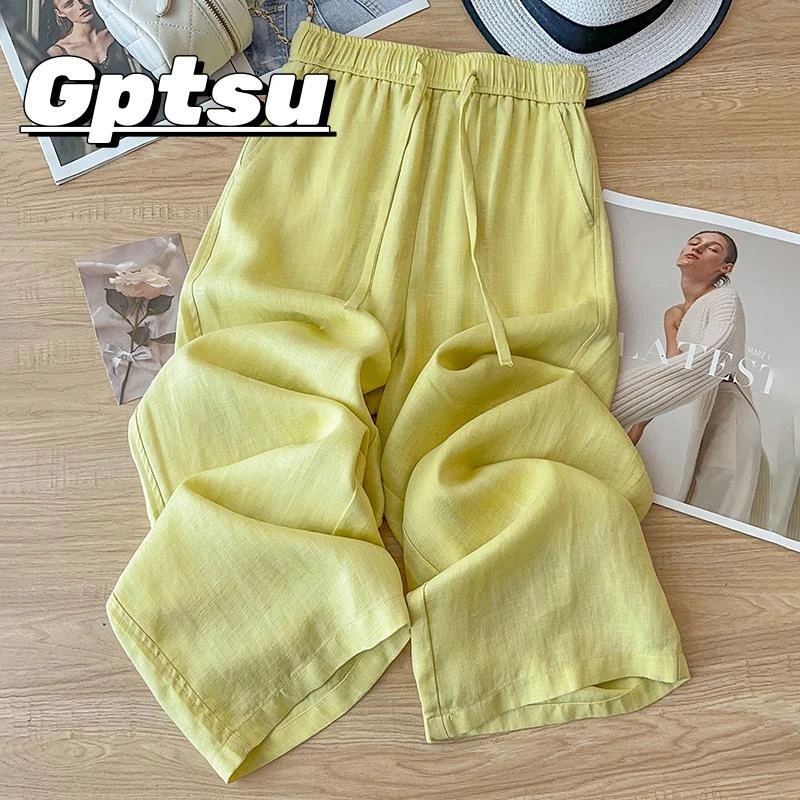 GPTSu天丝亚麻黄色棉麻阔腿裤女裤夏季薄款高腰显瘦垂坠感直筒裤