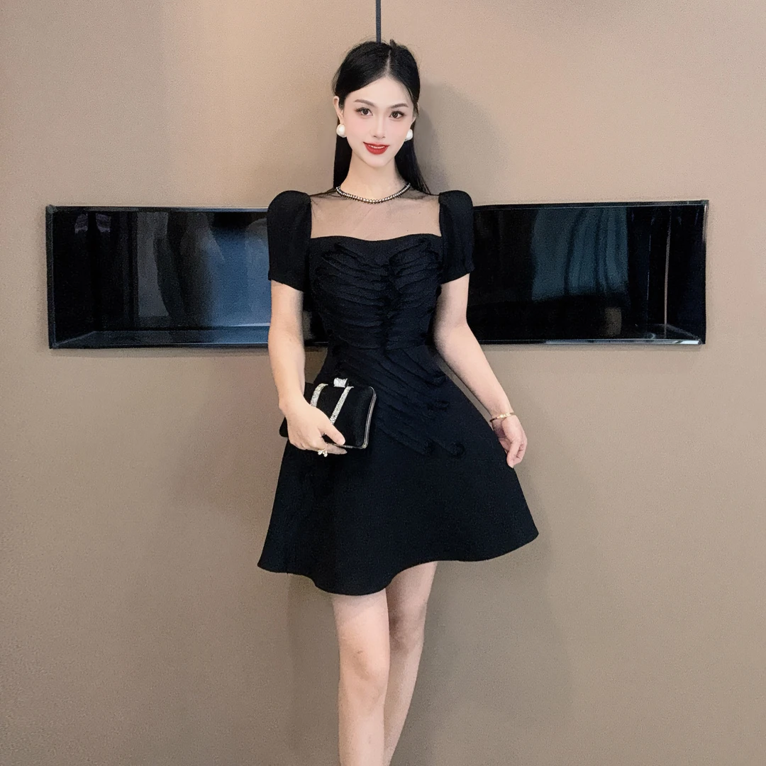 【设计师定制】新款黑色显瘦遮肚子微胖小黑裙9876a字连衣裙A字裙子