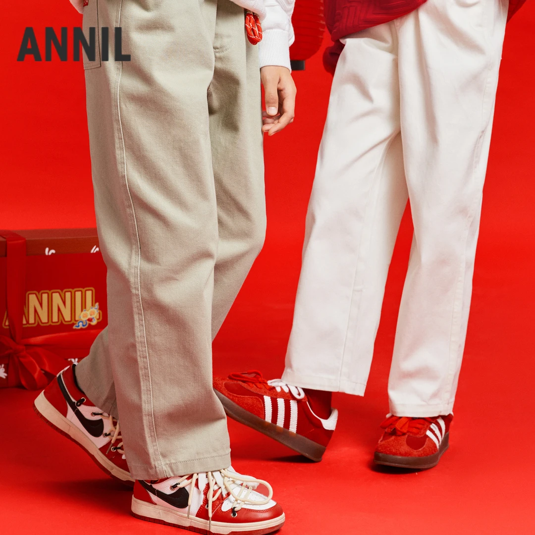 【新年红】男女童全腰梭织单裤长裤红色春季新款安奈儿童装EM516002