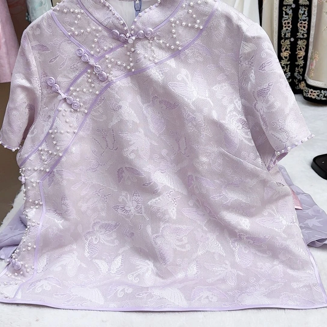 织绣真丝紫色短袖