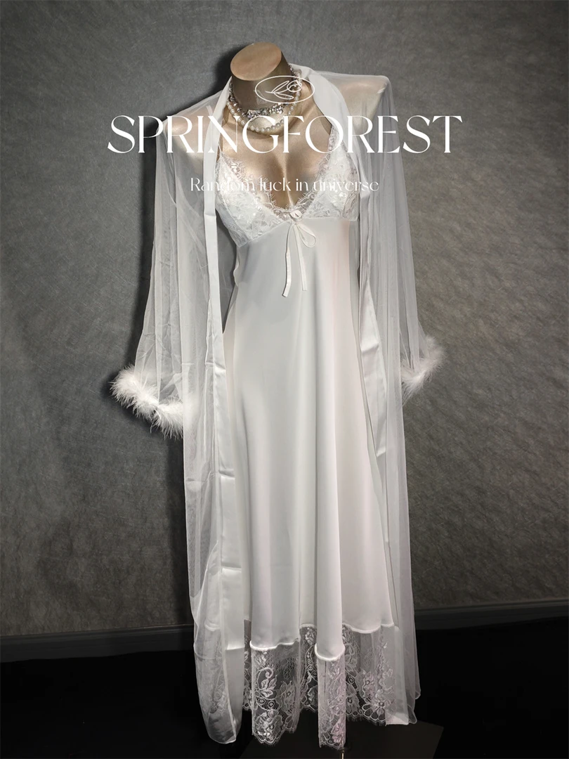 高级感性感顺滑缎面长款睡衣深V胸垫纯欲诱惑蕾丝睡裙外袍套装