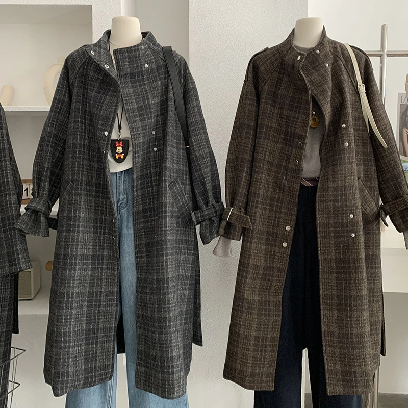 欧玛莱立领单排扣长袖千鸟格长款毛呢风衣外套上衣冬季女装大衣