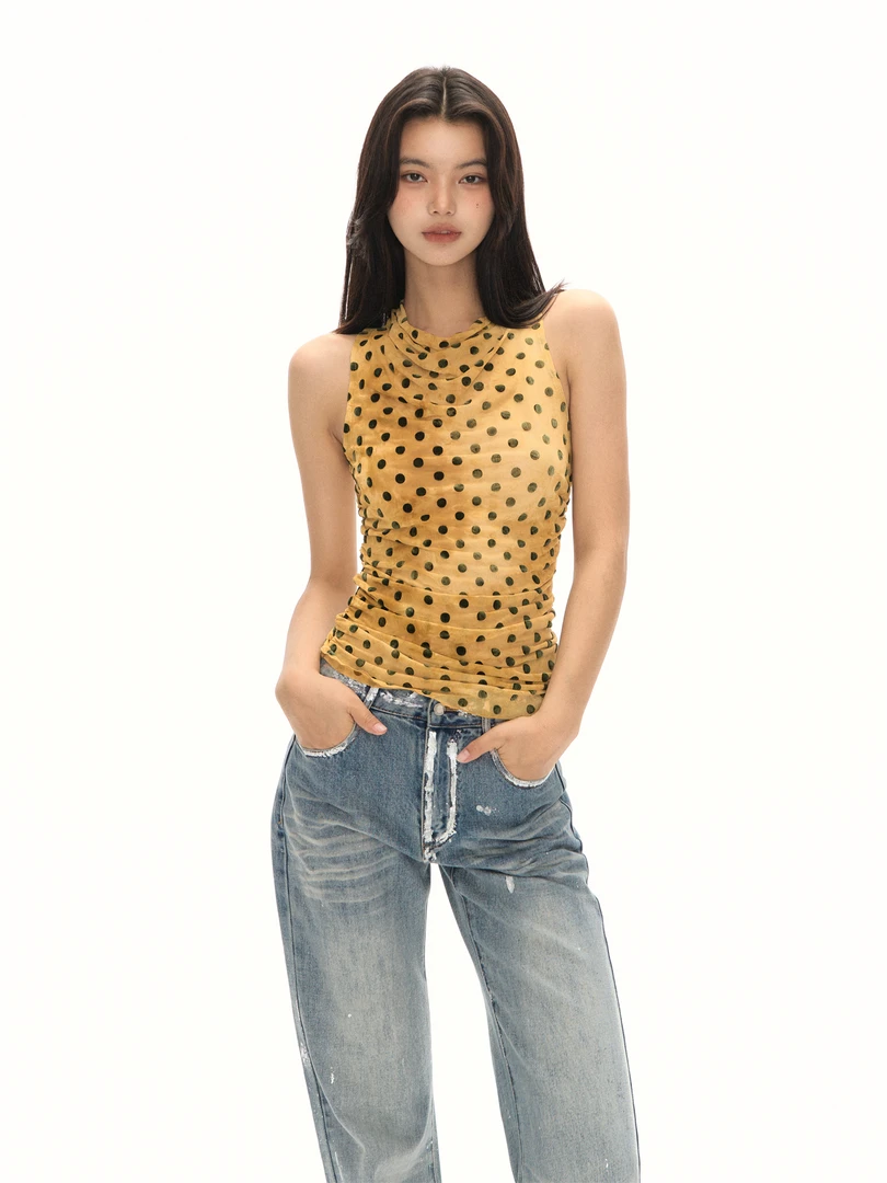 【CHUN ZI】法式波点挂脖荡领弹力背心上衣