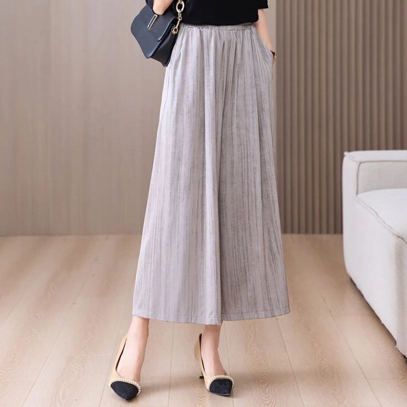 遮肉小粗腿条纹八分裤妈妈穿缎面阔腿裤水墨画垂感印花松紧休闲裤