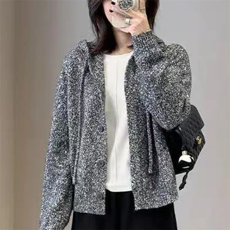 新款花纱通勤风连帽羊毛衫100%羊毛韩版休闲针织帽衫百搭时尚打底