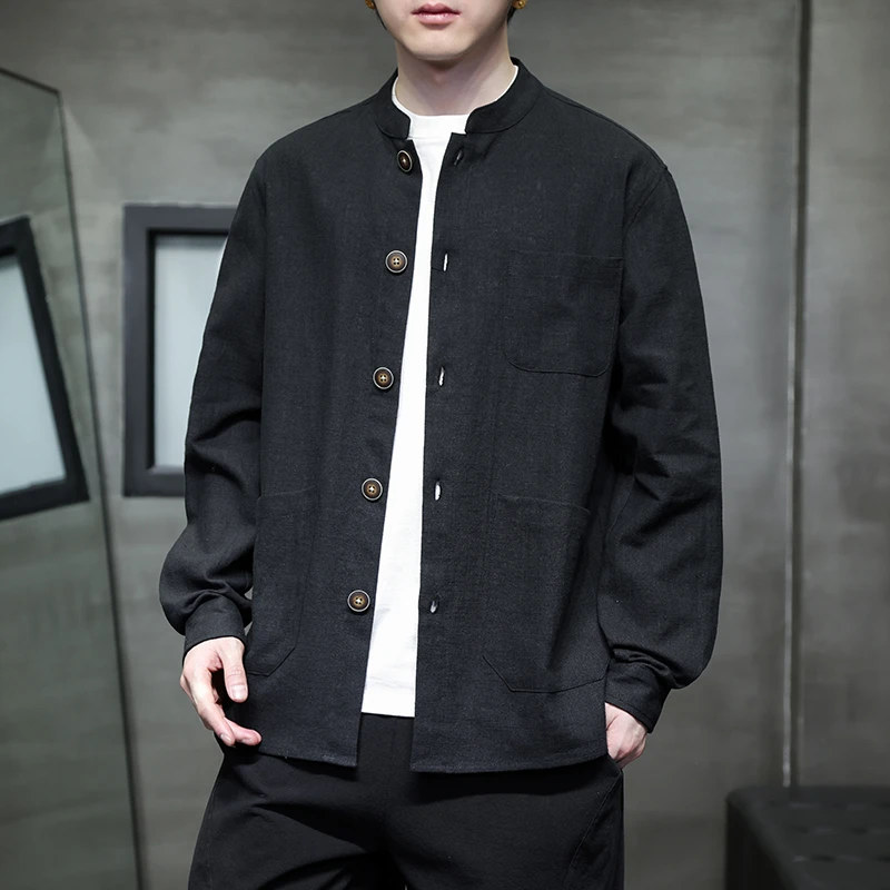 中国风男士秋季棉麻大码潮流立领衬衫外套新中式简约百搭休闲夹克