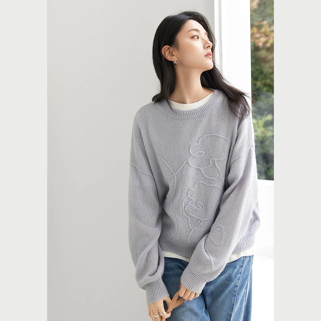 D01对白高级感宽松圆领毛衣女春季小众针织衫FDE037