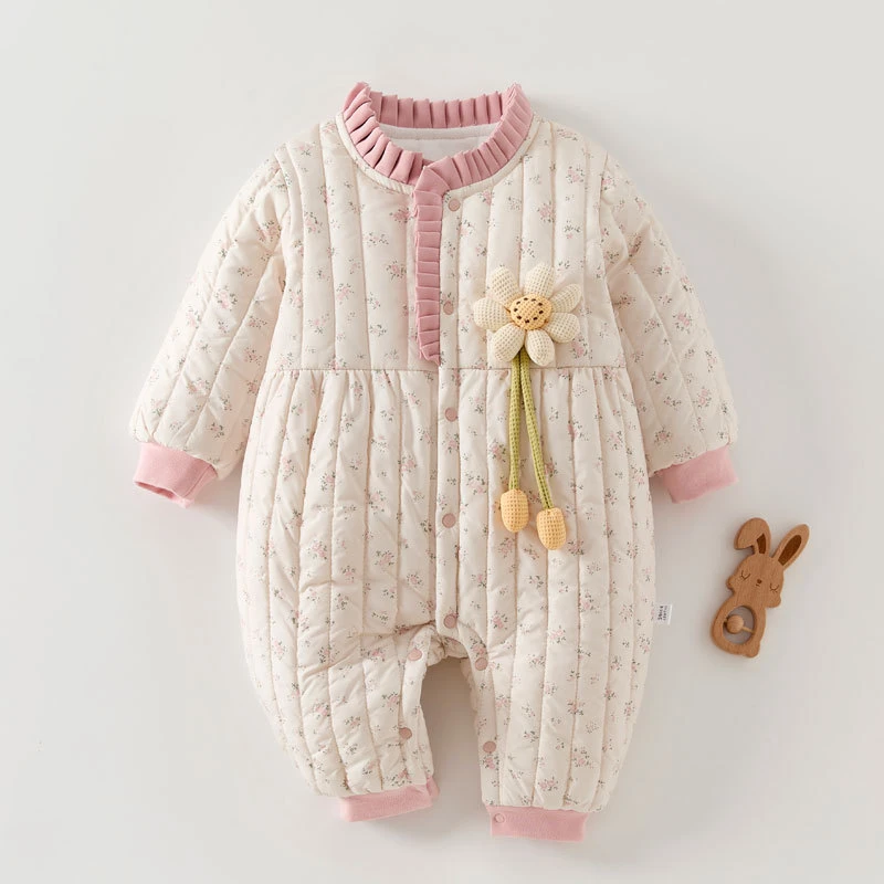 洋气女宝宝连体棉袄冬季夹棉加厚新生儿棉服0-12个月宝宝棉衣外穿