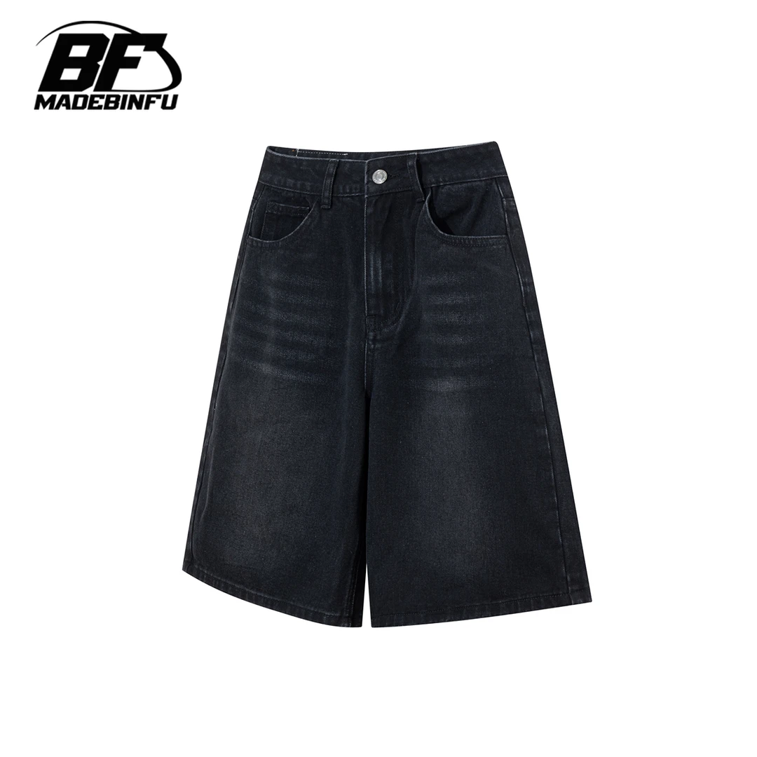 BINFU2025年夏季新款男女同款简约直筒简约宽松黑色牛仔五分短裤
