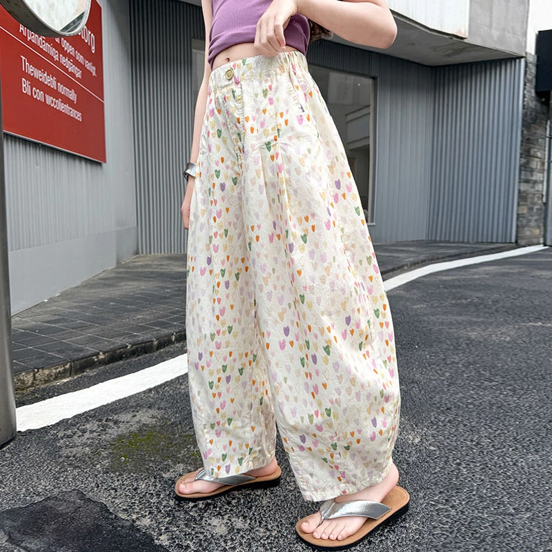 女童夏季超薄裤子2025夏季新款6-12岁中大童甜美女孩小爱心防蚊裤