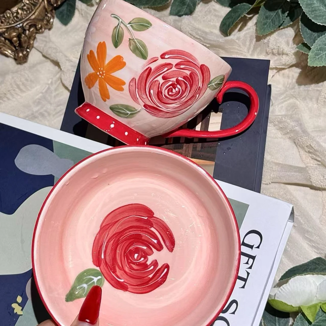 彩墁玫瑰釉下彩马克杯创意家用早餐咖啡杯