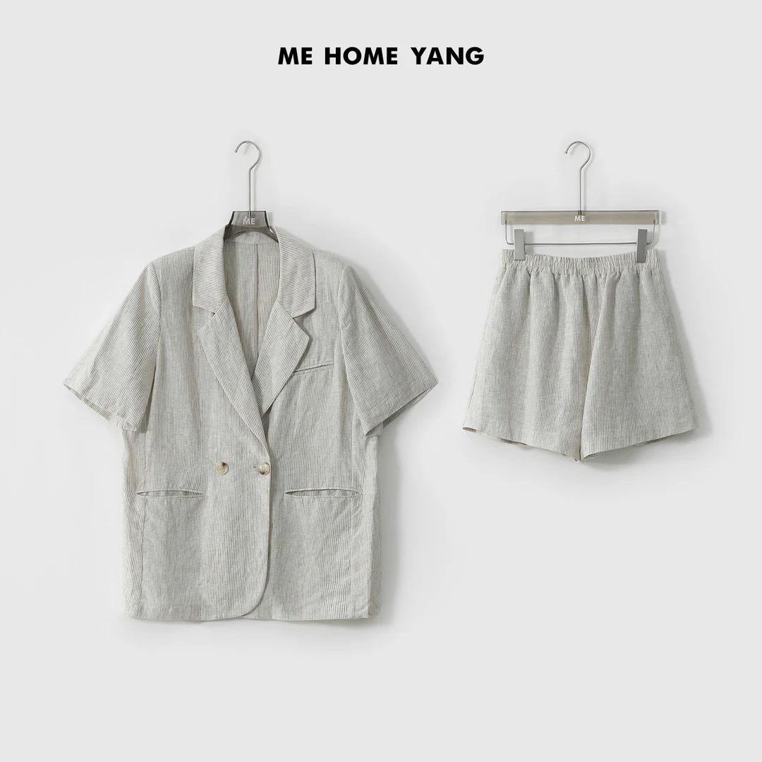ME【条纹西装】100亚麻气质时尚夏装女士休闲小西装套装 MEQC604