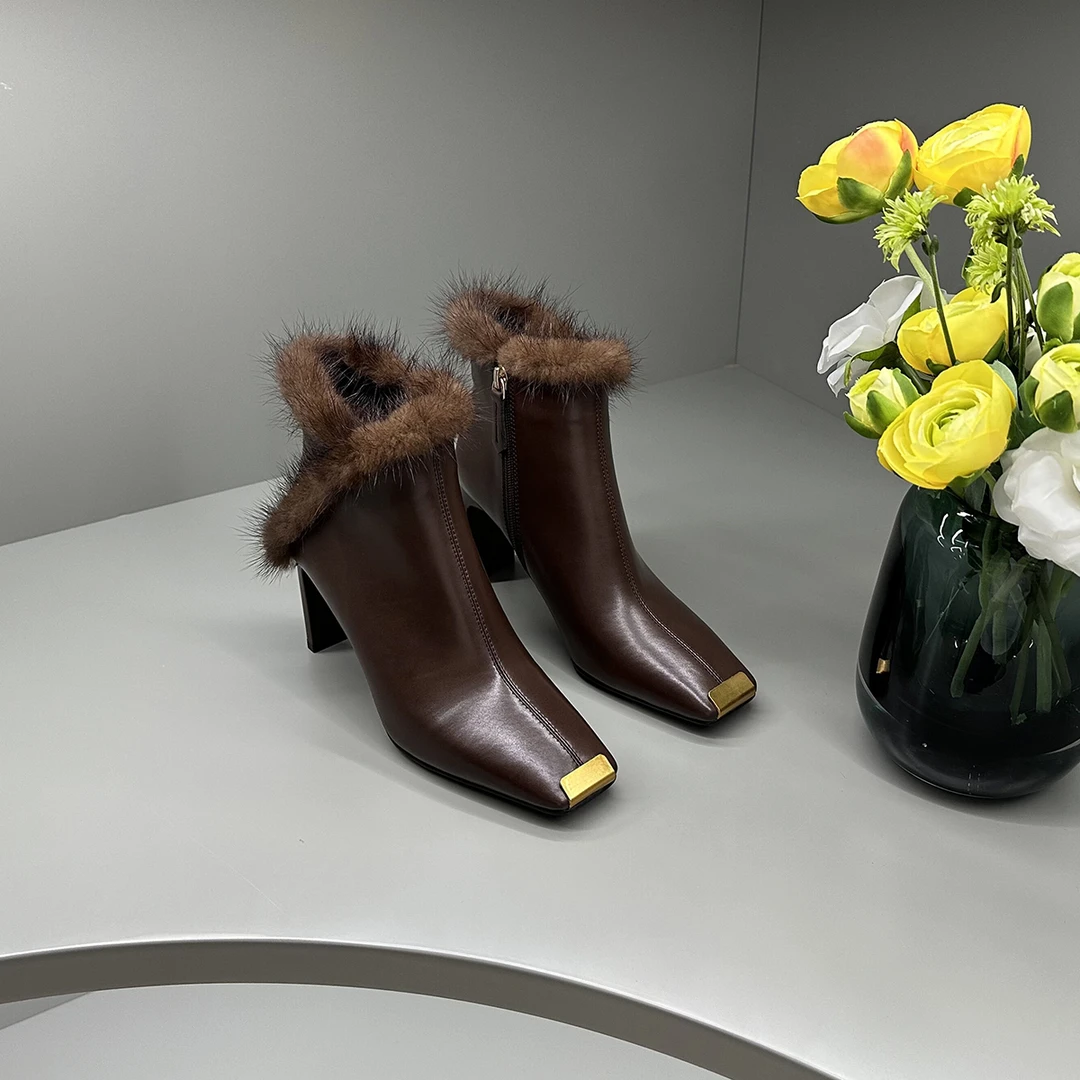 KFY【7cm】2024新款冬季方头绒里真皮手工女鞋貂毛短靴女X081棕