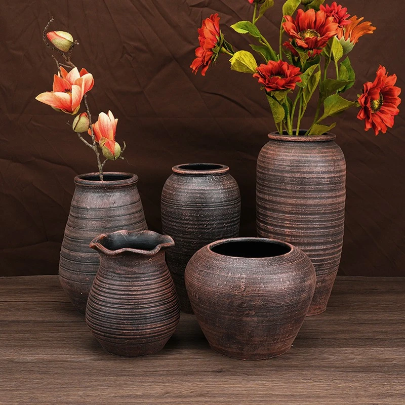复古粗陶陶罐花瓶摆件中式花盆家居插花土培干花客厅手工做旧仿古
